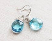 Aqua blue glass crystal earrings, dangle wire wrapped teardrop faceted briolettes, hypo-allergenic surgical steel ear wires, simple jewelry