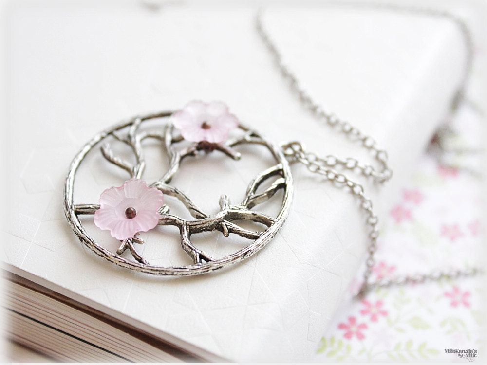 Cherry blossoms tree of life pink lucite floral woodland vintage victorian style jewelry