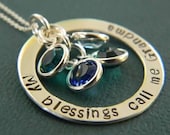 My Blessings Call Me Grandma, Grandmother, Nana Solid Sterling Silver Personalized Custom Made Name Necklace 1 Inch Washer and Birth Stones
