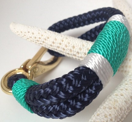Navy Nautical Rope Bracelet with White & Jade Stripe with Bronze clasp