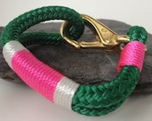 Green Nautical Rope Bracelet with White & Pink Stripe with Bronze clasp