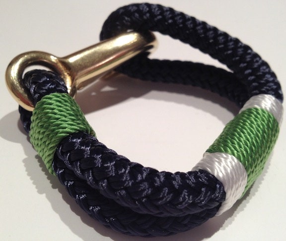 Navy Nautical Rope Bracelet with White & Lime Stripe -  Bronze clasp