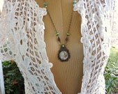 Vintage, Steampunk, Clockworks, Pocket Watch, Up Cycled Necklace with Pale Green Swarovski Crystals on Antiqued Gold with Dangle Earrings