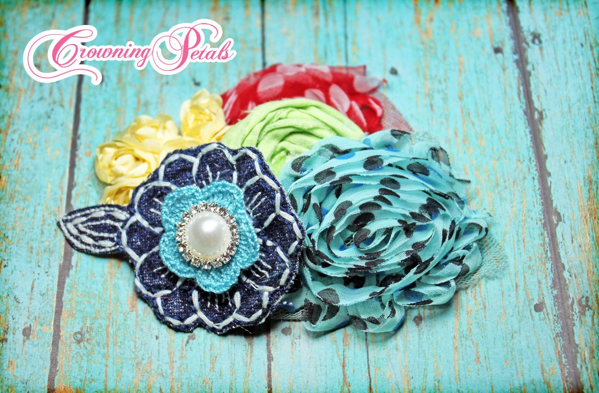 Aqua, Navy, Red, Yellow Headband, Girl's Hair Accessories, Fabric Flower Brooch, Baby Girl Hair Bow, Turquoise Headband