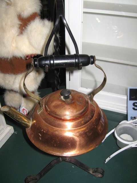 Copper Tea Pot on Black Wrought Iron Metal Stand with Copper Candle Holder Vintage