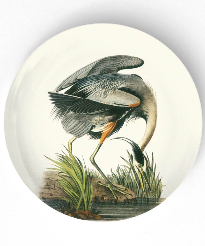 Great Blue Heron, 1800's Audubon artwork - reproduced on 10 inch Melamine Plate  with a softly aged off-white background