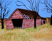 Original Acrylic Painting of An Abandoned Barn - Rural Wall Art - Rustic Farm Decor - Country Farm Landscape with Desolate Skeleton Trees