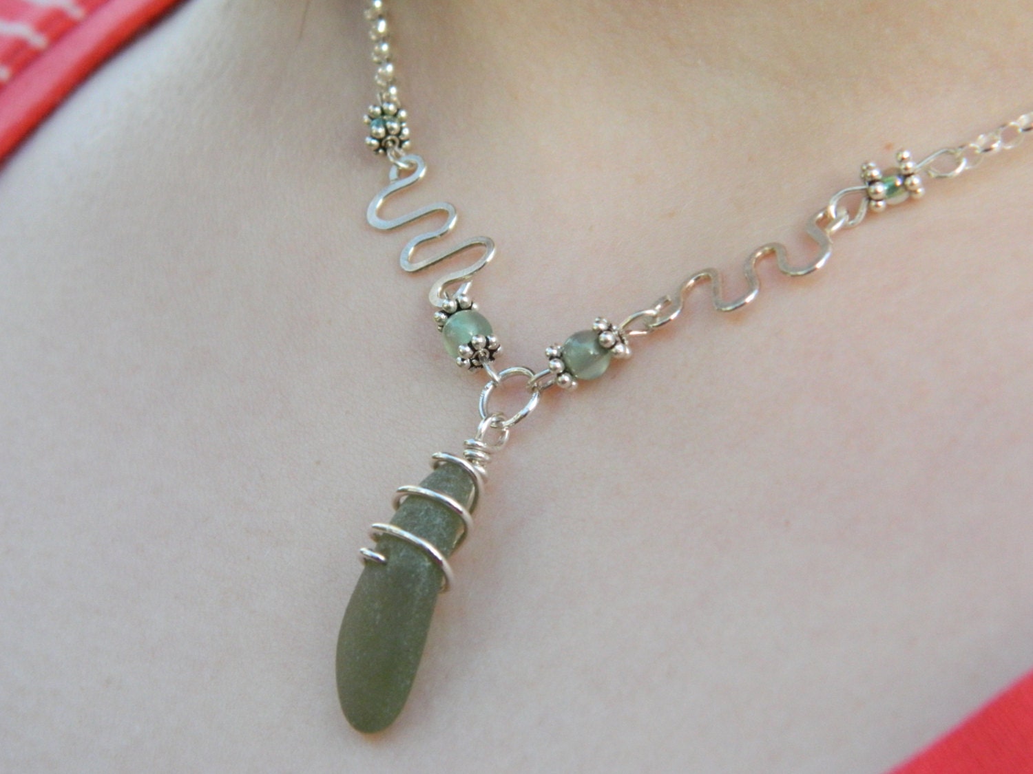 Genuine Olive Green Sea Glass Necklace
