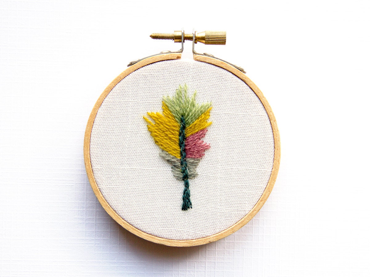 Boho Feather Embroidery - 3 Inch Hoop Art - Crewel Hand Embroidered - Quirky Home Decor - Earthy Natural - Tribal