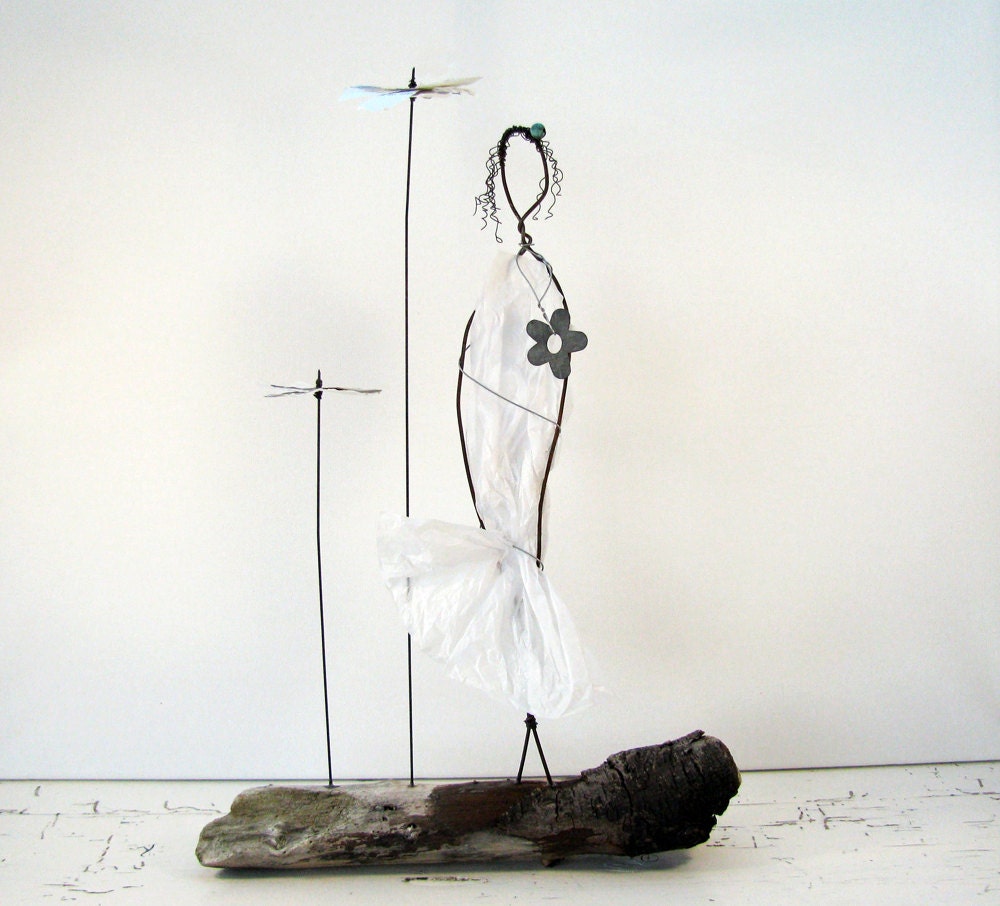 Wire Sculpture Earth Angel - Rustic Wire Figure Art on Driftwood