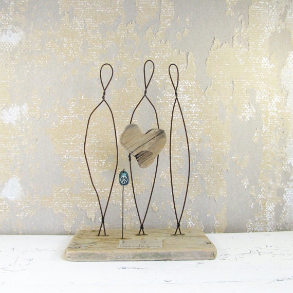 Wire Sculpture We are All One Rustic Mixed Media Folk Art on Driftwood