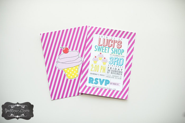 Cupcake Birthday Invitations - Sweet Shop - Candy Shop - Lalaloopsy Invite - Bright Colors