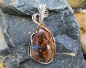 Large Boulder Opal Cabochon Stone Sterling Silver Wire Wrapped Pendant