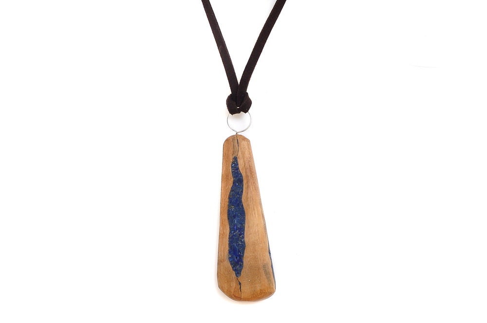 Wood Pendant - Olivewood and Lapis -  Blueness Me