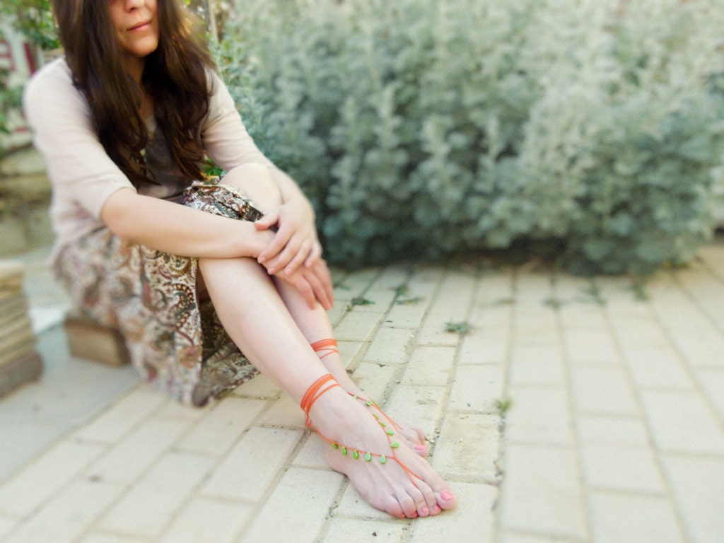Hippie Barefoot sandals. Orange green drops beaded crochet sexy foot jewelry, ethnic, boho, hippie beach fashion, nude shoes, yoga,Summer