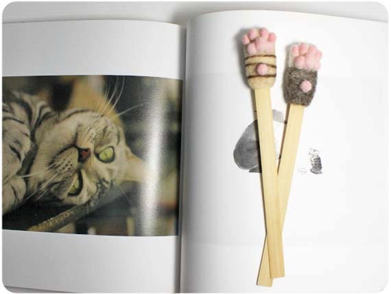 Cat Paw Bookmarks- needle felted wool, bamboo slice