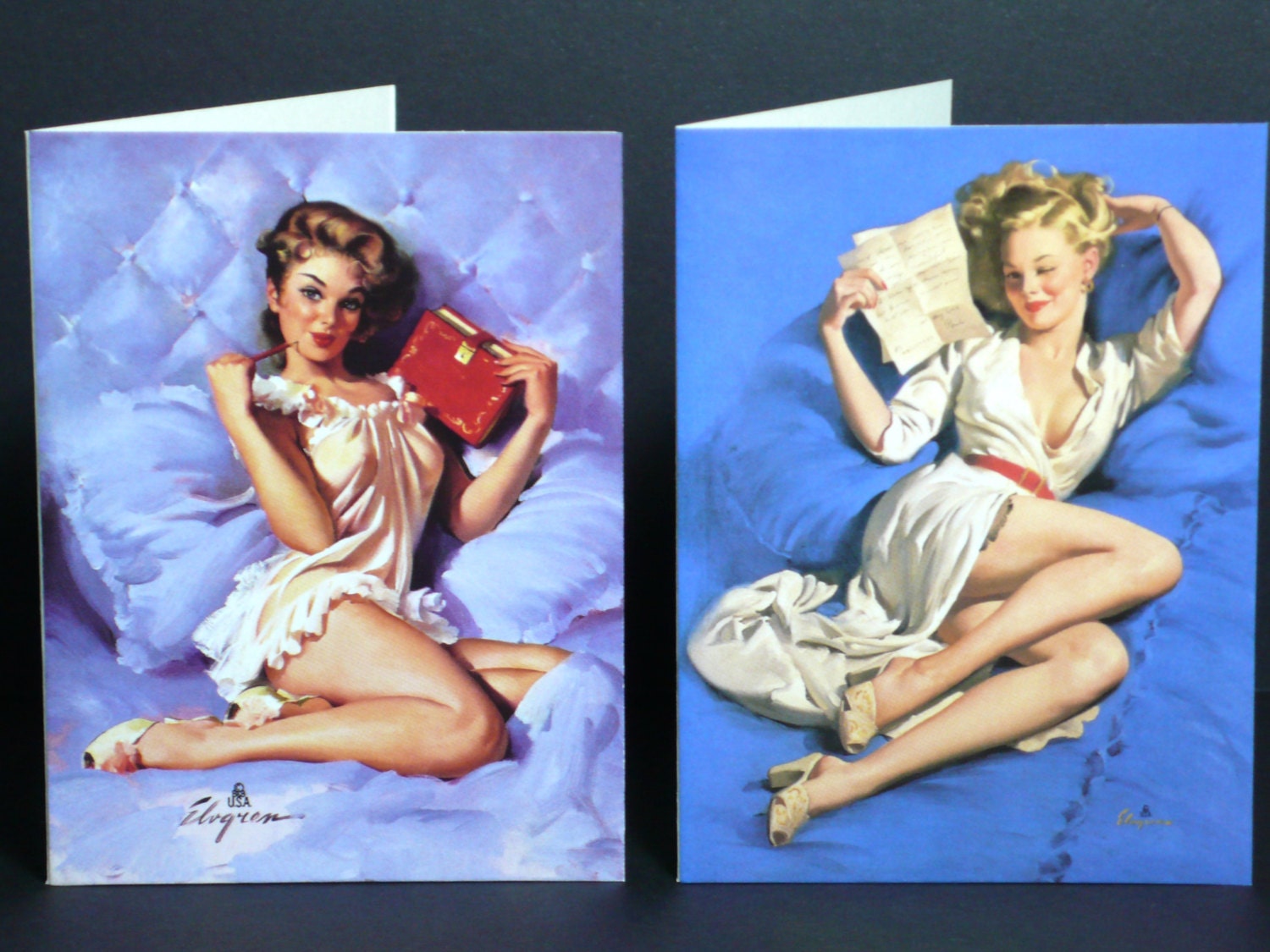 Thinking of You NoteCards Pen Pal Pin Up Girls on Bed Mini Cards set of 2