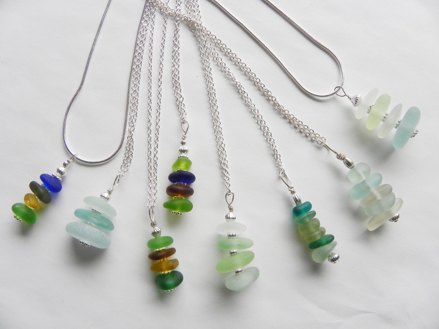 Design your own sea glass stacked pendant necklace, single or mixed color sea glass on sterling silver chain - beach bridesmaid jewelry