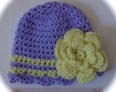 CROCHET baby beanie HAT lavender purple & yellow with flower scallop edge newborn or 0 - 3 month baby infant girl photo prop