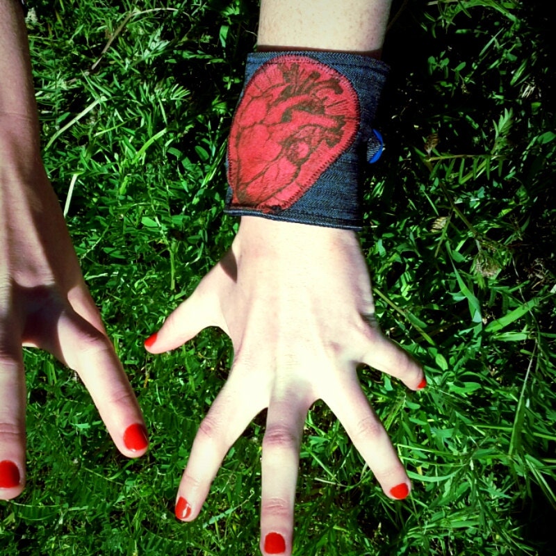 Heart Cuff Bracelet - Silkscreen Anatomical Heart Print on upcycled Denim Fabric with Organic Sachet- Eco Friendly Unisex LOVE FASHION