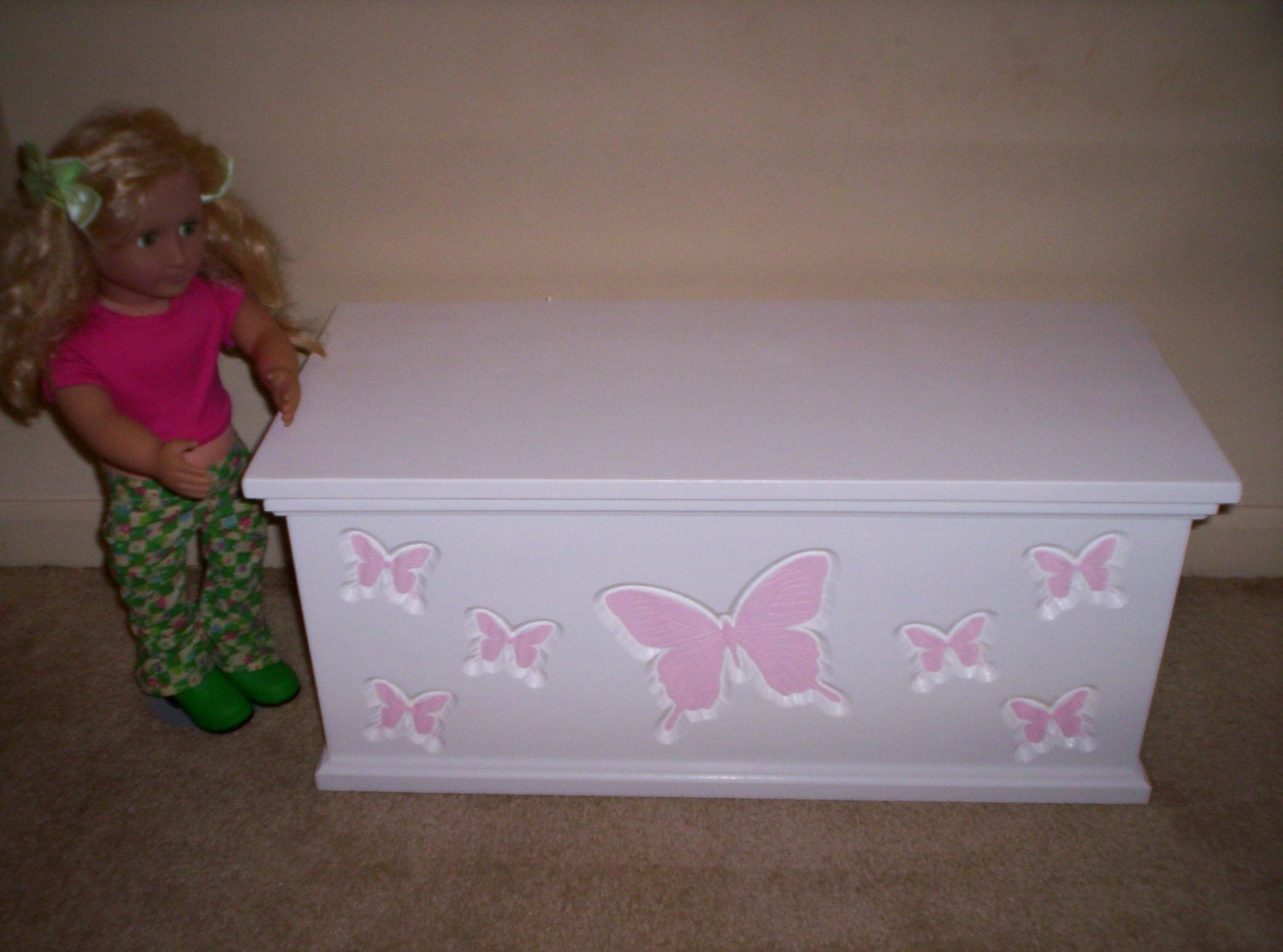 Doll storage chest trunk furniture handcrafted for American girl doll pink butterfly design