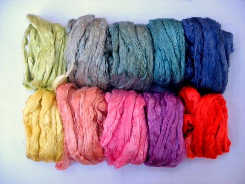 10 ASSORTED Colors Mulberry Fiber Silk Roving Top TROPICAL HOLIDAY pack 3.2oz / 90g