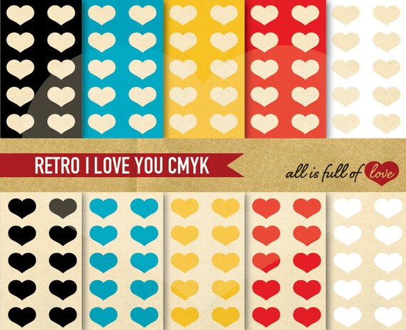 Digital Scrapbooking Paper Pack RETRO I LOVE YOU Hearts Printable Background in C M Y K