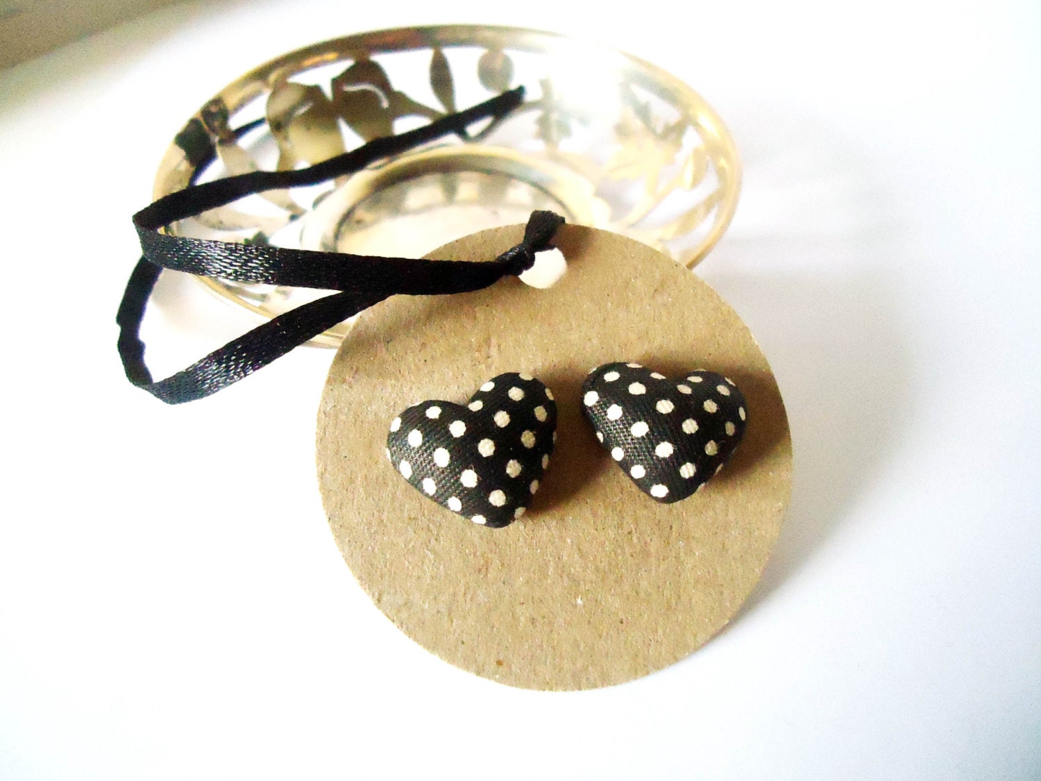 Stud Earrings BLACK HEART Fabric Covered Button Ear Posts polka dots pattern