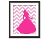 Nursery art - Silhouette of  princess in fuchsia and chevron pink