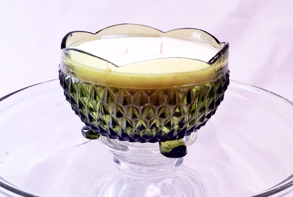 Vintage Recycled Diamond Point Emerald Green 3 Footed Glass Candy Dish Handmade Scented Soy Candle