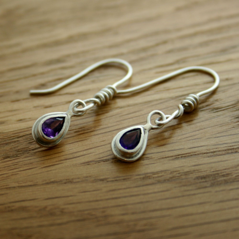 Amethyst Dangly Earrings, Wire Wrapped Infinity Design, Pear Shaped Gemstone, Ready to Ship