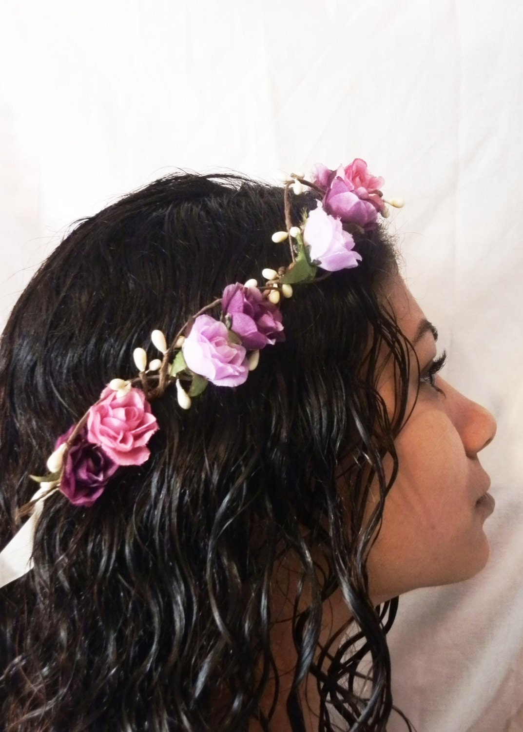 Woodland flower hair wreath (purple rose) - Wedding headpiece, headband, vintage inspired rose crown boho bridal