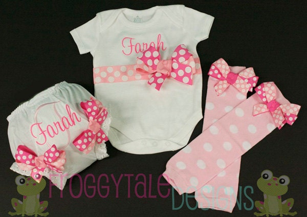 PERSONALIZED Bodysuit Onesie or Toddler Shirt Diaper Cover Bloomer Leg Warmer Outfit in Hot Pink and Baby Pink for Little Girls - Custom