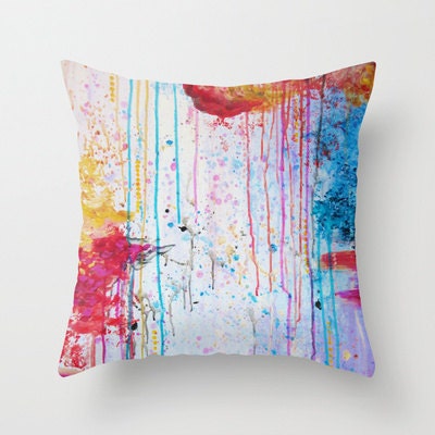 HAPPY TEARS 18 x 18 Decorative Throw Pillow Cover Bright Cheerful Cushion Abstract Painting, Drip Splat Bold Pink Red Purple Spring Art