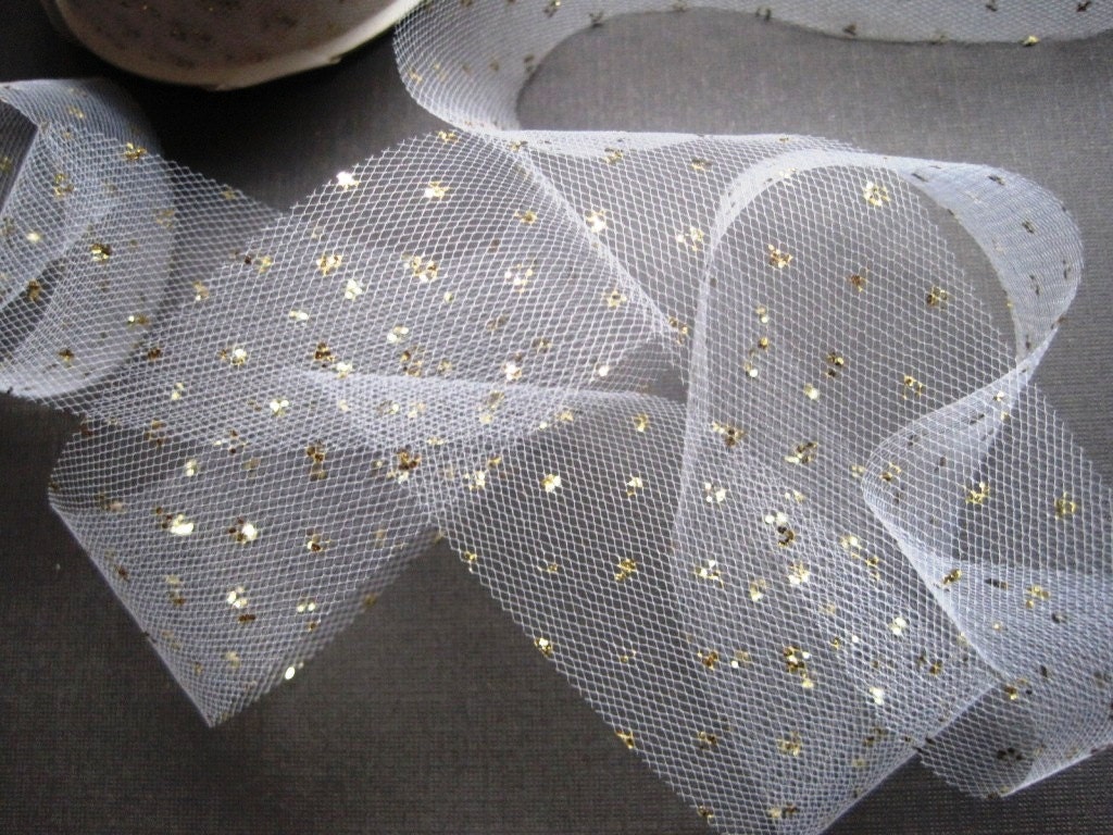 Tulle Jewel Lace Trim, Gold / White, 1 3/8" inch wide, 1 yard For Gifts, Home Decor, Accessories, Scrapbook, Mixed Media, Apparel