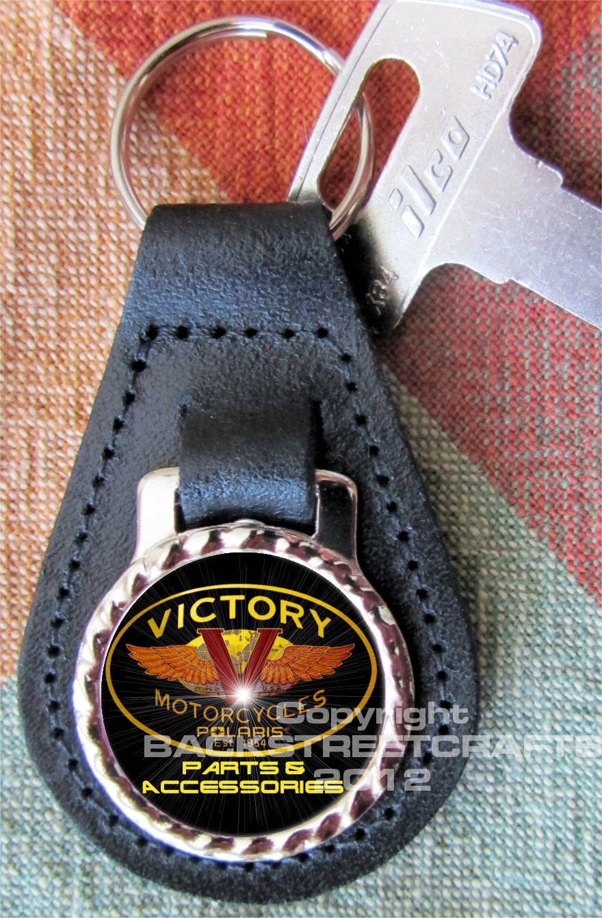 VICTORY MOTORCYCLE PARTS Genuine dyed black Leather Key Ring Fob Weddings   Christmas Quickship Under 15.00