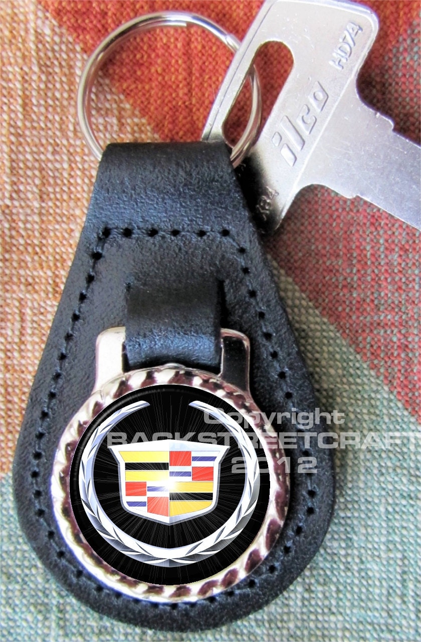 CADILLAC CAR AUTOMOBILE Show Genuine dyed black Leather Key Ring Fob Fathers Day  Graduation Christmas Under 15.00