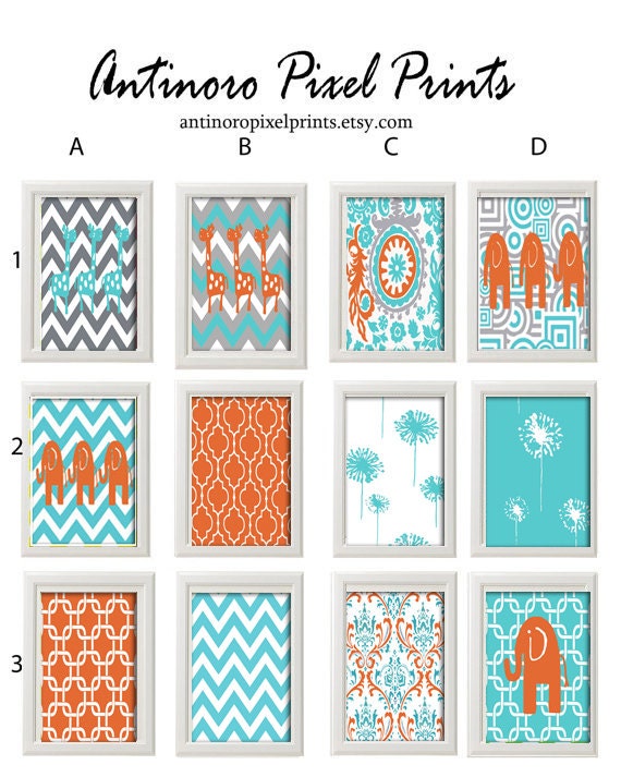 Elephant Giraffe Turquoise Orange Grey Nursery / Bath  / Pick Any  (4)  Any Color -   8 x 10 Prints - (UNFRAMED)