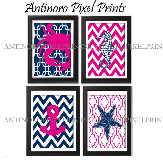 Nautical Digital Print Beach House Prints Navy Blue Pink White Wall Art Vintage / Modern Inspired -Set of (4) -8x10 Prints -  (UNFRAMED)