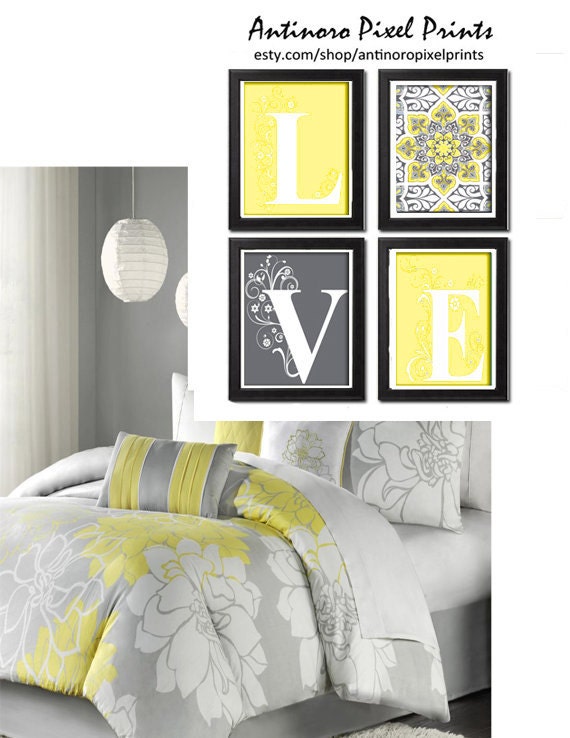 Home Decor Digital Love Lt. Yellow Greys White Wall Art Vintage / Modern Inspired -Set of 4 - 8x11 Prints -  (UNFRAMED)