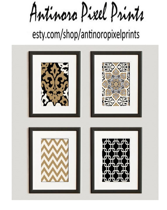 Black Gold Creme Vintage / Modern inspired Ikat Art Prints Collection  -Set of (4) 5x7 Prints -   (UNFRAMED)
