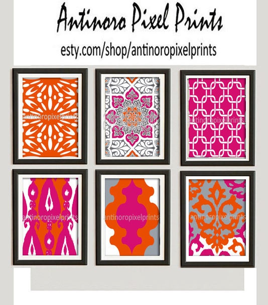 Wall Art Prints Orange Pink Grey Vintage / Modern inspired  Art Prints Collection  -Set of 6 - 8x11 Prints -   (UNFRAMED)