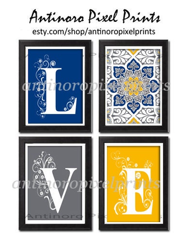Ikat Wall Love Art Yellow Navy Grey Ikat Vintage Modern Wall Art Print  - Set of Four 4x6