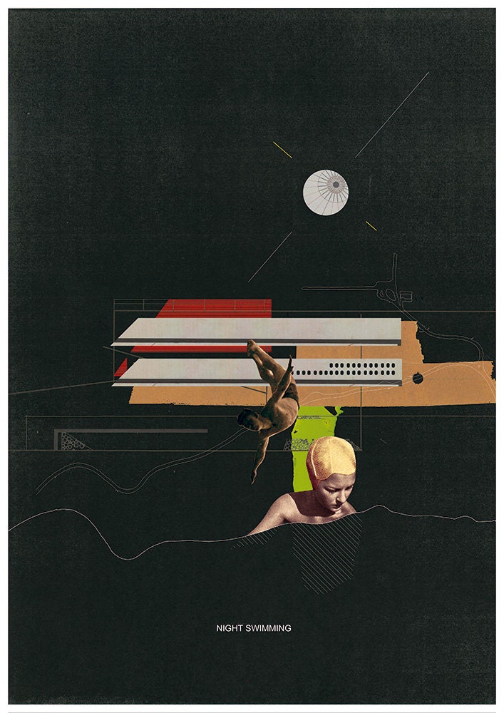 night swimming - art print- mixed media digital collage