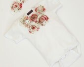 Baby Girl Onesie Set Short Sleeve Cotton White Onesie with Vintage Chiffon Flowers and Rhinestones