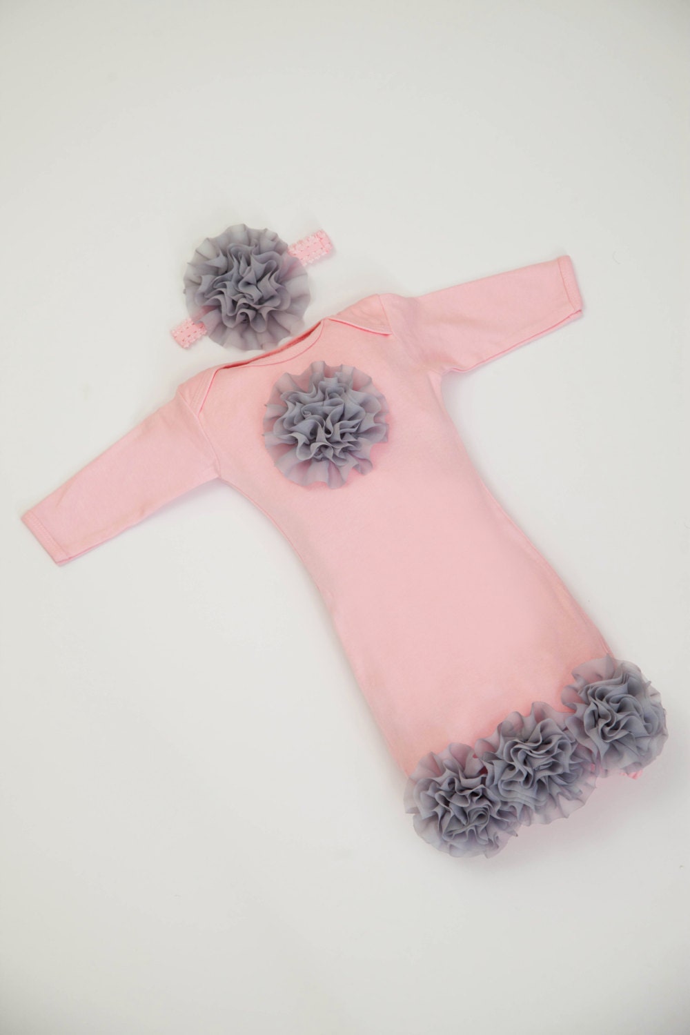 Newborn Baby Layette Pink Baby Gown with Grey Chiffon Flowers
