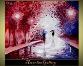 Original Abstract Painting - 50% OFF - Ash Roses In The Rain - Acrylic Contemporary Art Palette Knife - A Couple With Umbrella