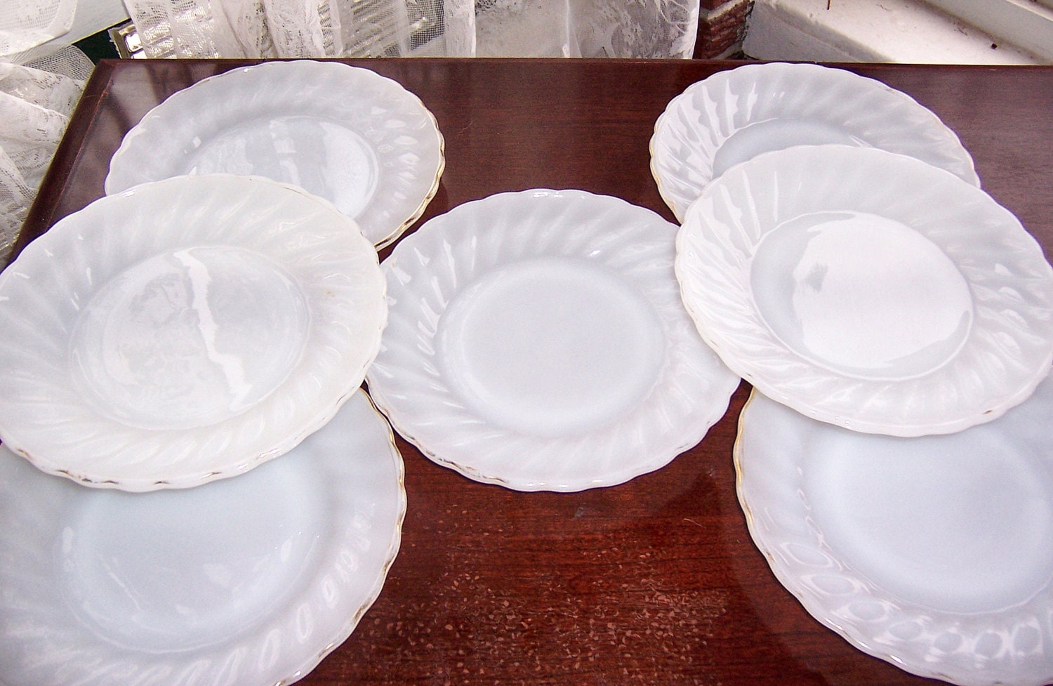 Anchor Hocking Milk Glass Dessert Plates Suburbia Swirl Pattern with Gold Trim