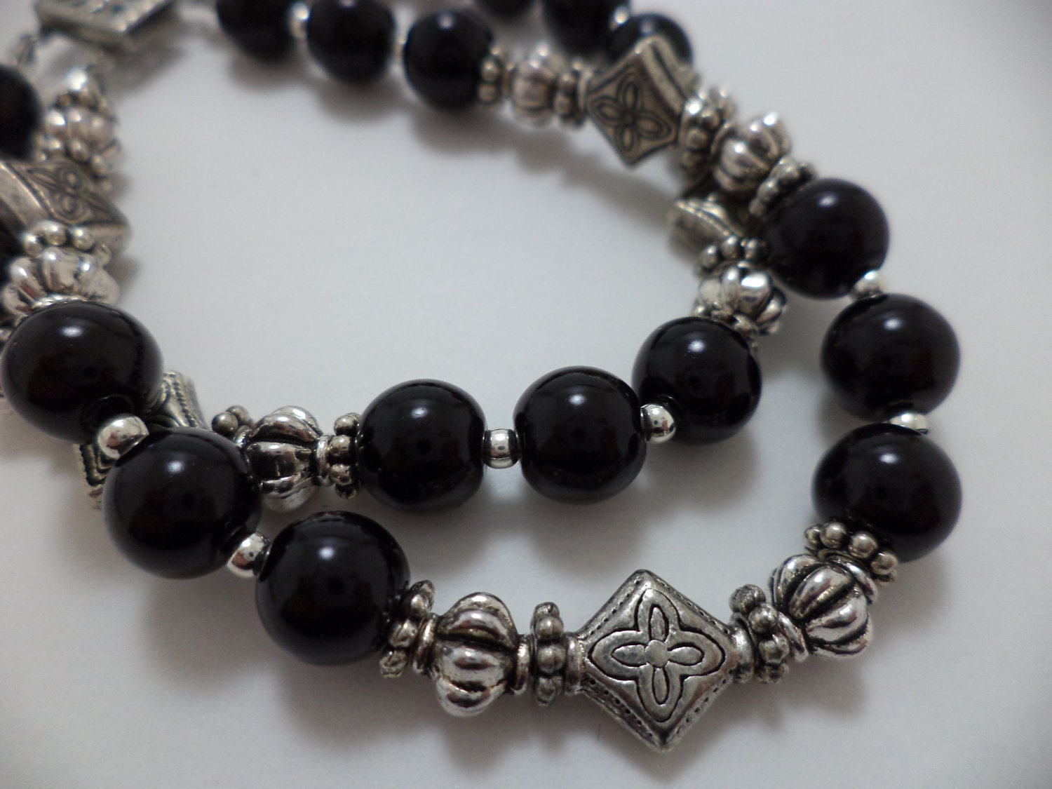 Gorgeous, Black, Silver, Double Strand, Glass Bead, Bracelet