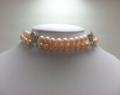 Peach Glass Pearl Double Strand Choker Necklace with Rhinestone Butterflies